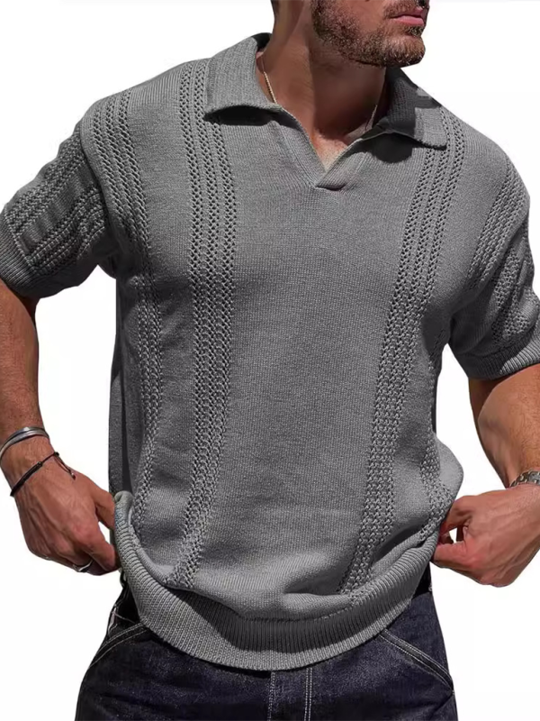 Stylish Men's V-Neck Short Sleeve Knitted Polo - Casual Solid Color Top for Spring-Summer