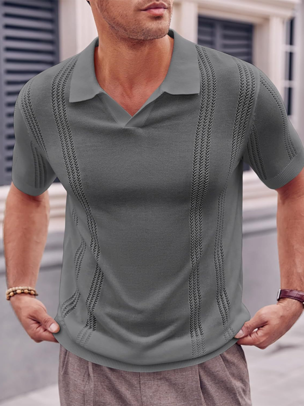 Stylish Men's V-Neck Short Sleeve Knitted Polo - Casual Solid Color Top for Spring-Summer