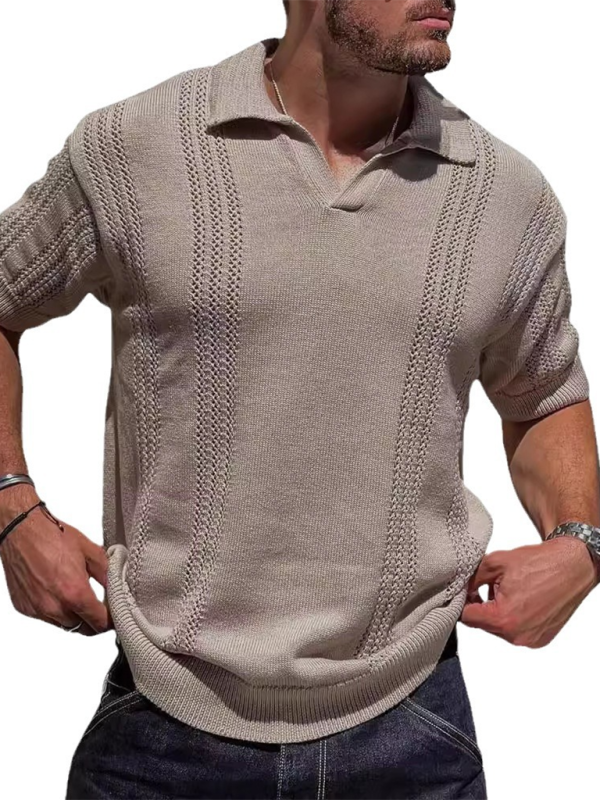 Stylish Men's V-Neck Short Sleeve Knitted Polo - Casual Solid Color Top for Spring-Summer