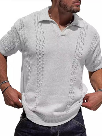 Stylish Men's V-Neck Short Sleeve Knitted Polo - Casual Solid Color Top for Spring-Summer