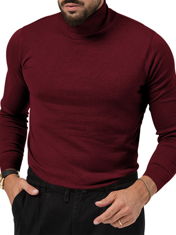 Simple base high collar long sleeve T-shirt, solid pattern, maroon, autumn-winter wear.