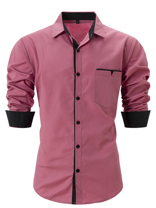 Casual lapel contrast color long sleeve shirt in pink and black, autumn-winter style.