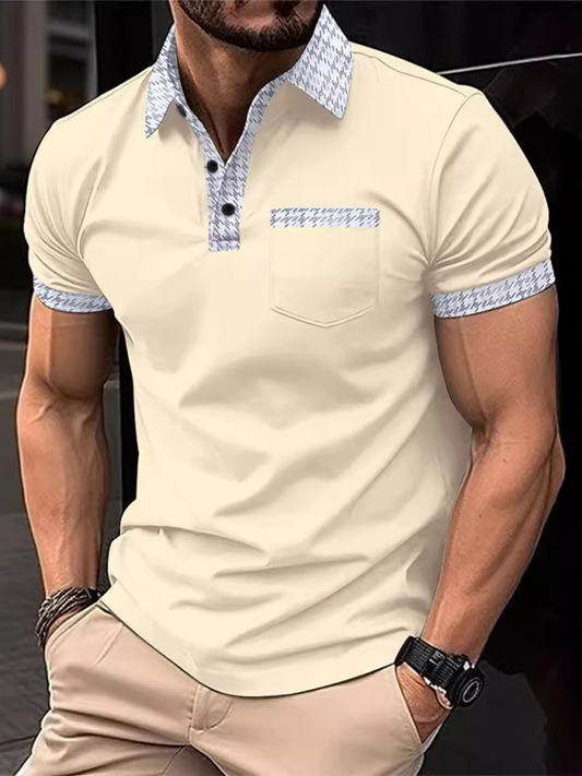 Men's patchwork short sleeve button polo shirt, beige with patterned details, lapel collar.