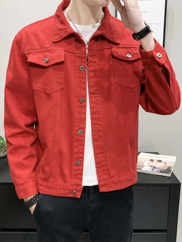 Men's stylish red denim jacket with lapel collar for autumn-winter.