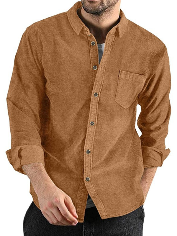 Long-sleeved corduroy lapel button casual jacket in solid brown.