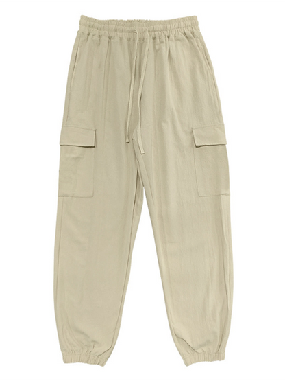 Relaxed Fit Solid Color Drawstring Trousers with Multi-Pocket Design and Casual Cuffs