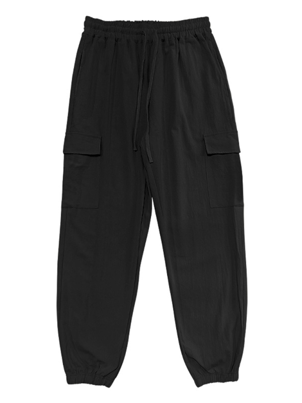 Relaxed Fit Solid Color Drawstring Trousers with Multi-Pocket Design and Casual Cuffs