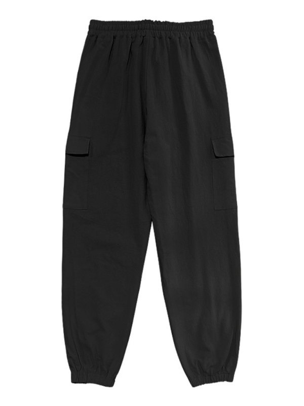 Relaxed Fit Solid Color Drawstring Trousers with Multi-Pocket Design and Casual Cuffs