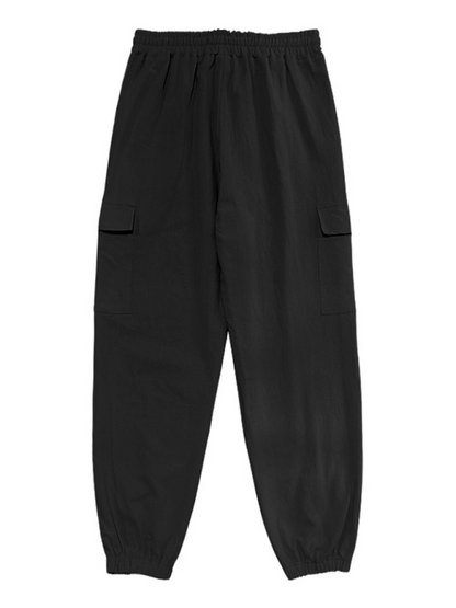 Relaxed Fit Solid Color Drawstring Trousers with Multi-Pocket Design and Casual Cuffs