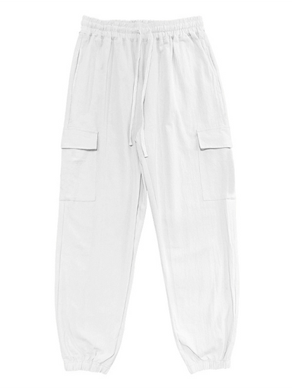 Relaxed Fit Solid Color Drawstring Trousers with Multi-Pocket Design and Casual Cuffs