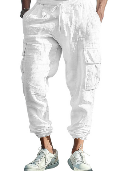 Relaxed Fit Solid Color Drawstring Trousers with Multi-Pocket Design and Casual Cuffs