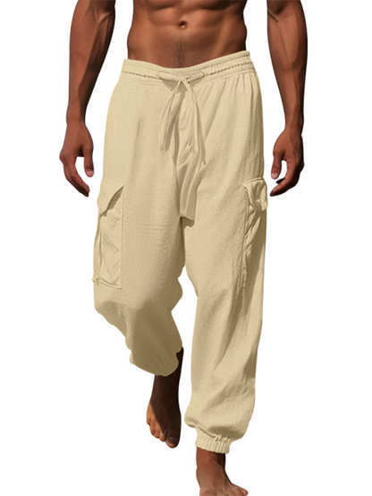 Versatile Cotton Cargo Trousers with Drawstring & Cuffed Hem