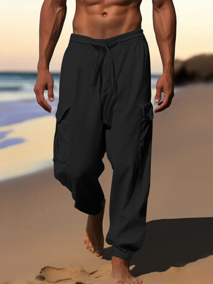 Versatile Cotton Cargo Trousers with Drawstring & Cuffed Hem