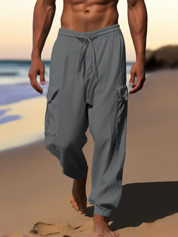 Versatile Cotton Cargo Trousers with Drawstring & Cuffed Hem