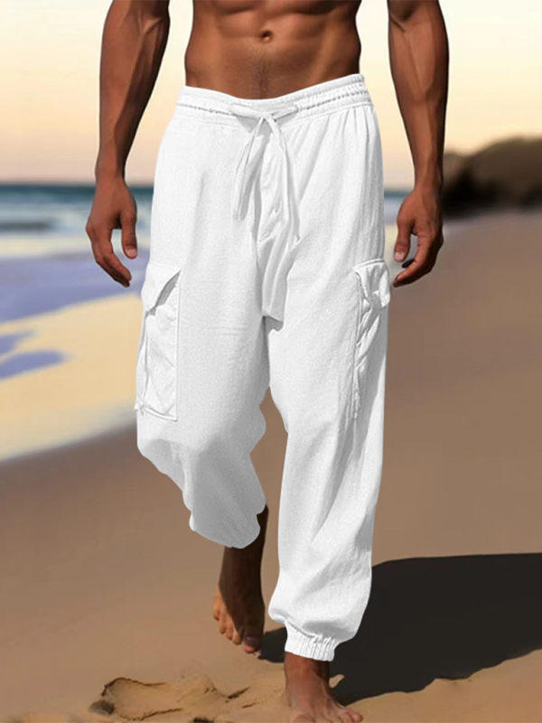 Versatile Cotton Cargo Trousers with Drawstring & Cuffed Hem