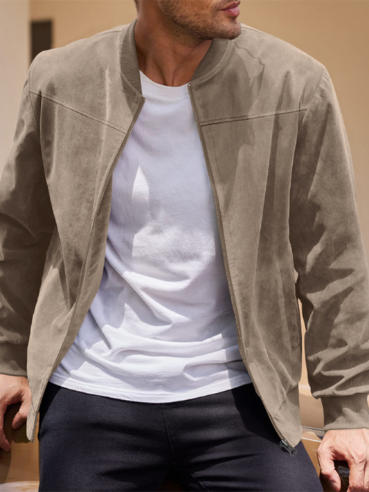 Suede solid color men's zipper jacket, casual retro long sleeve cardigan coat, ideal for autumn-winter.