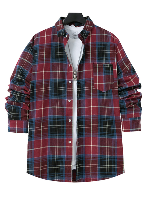 Men's brushed plaid long-sleeved casual shirt in red and navy colors with lapel collar.