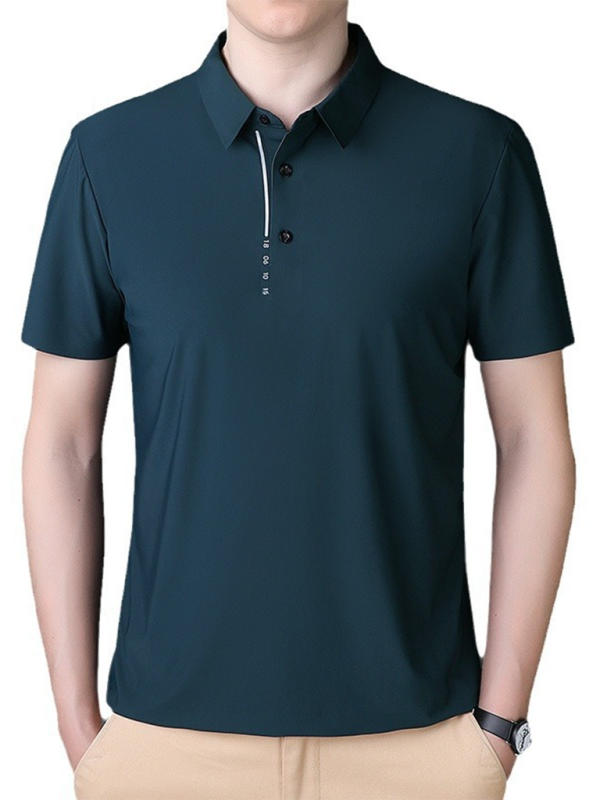 Men's ice silk high elastic polo shirt with lapel collar, solid pattern, and short sleeves.