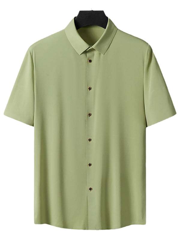 Men's light ice silk high elastic short sleeve shirt, solid pattern, lapel collar, spring-summer style.