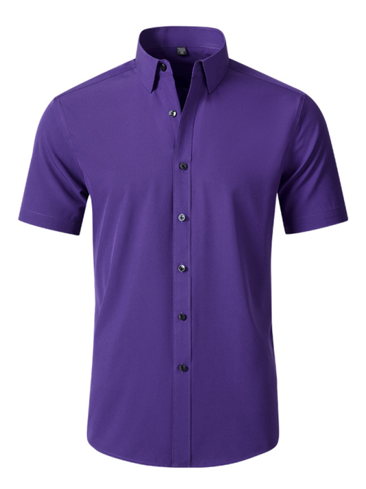 Men's purple non-iron wrinkle-resistant short-sleeved shirt with lapel collar.