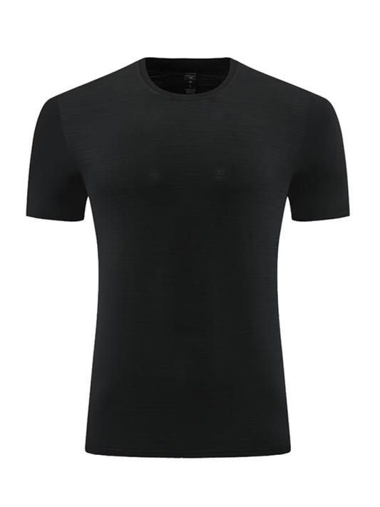 Men's black ice silk quick dry round neck short sleeve sports T-shirt.