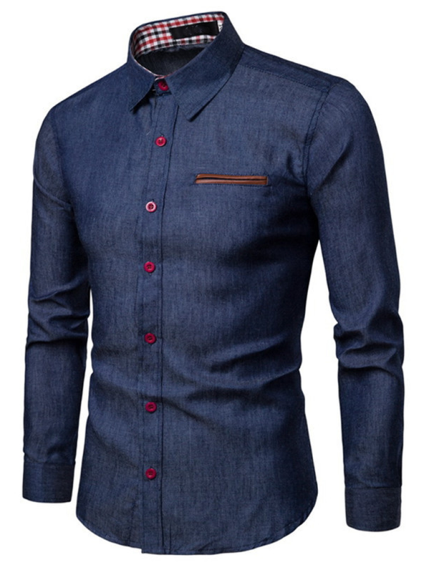 Men's casual shirt with pocket, patchwork leather, long sleeves, and lapel collar.