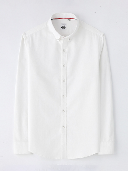 Men's white brushed oxford long sleeve shirt, 100% cotton, lapel collar, solid pattern.