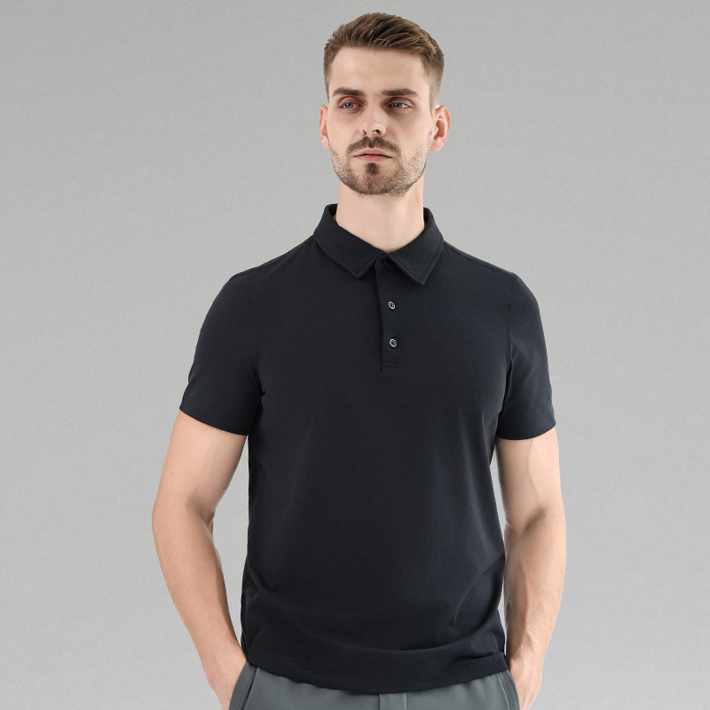 Men's short-sleeved casual polo shirt in solid black with lapel collar.