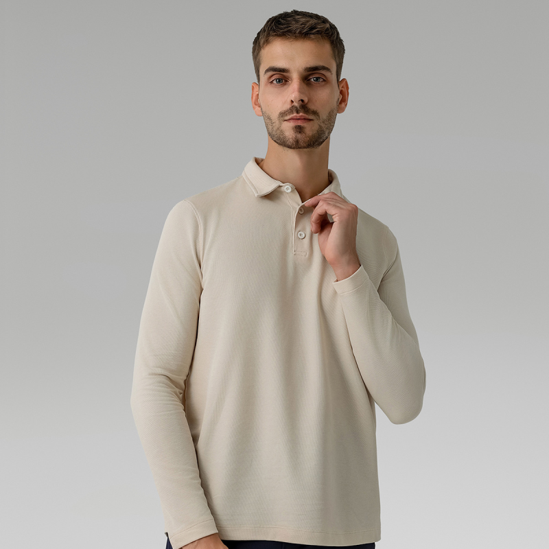 Men's casual long-sleeved polo shirt in beige, breathable and quick-drying.