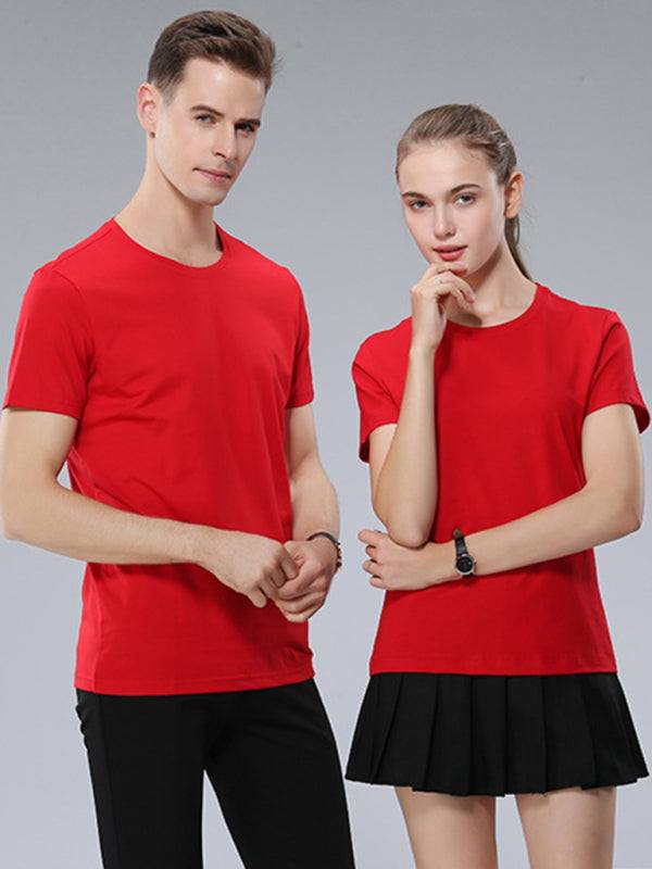 Unisex solid color short-sleeved red T-shirts, round neck, spring-summer style.