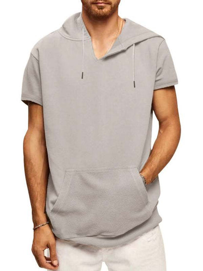 Men's casual hooded short-sleeved T-shirt in light gray with front pocket.