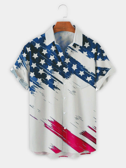 American Flag Print Men's Patriotic Casual Shirt with Lapel - Summer Style