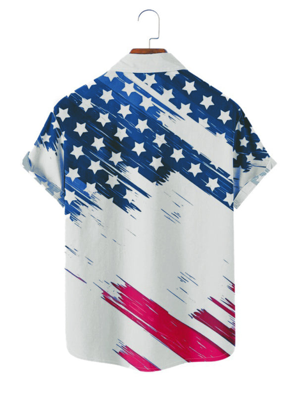 American Flag Print Men's Patriotic Casual Shirt with Lapel - Summer Style