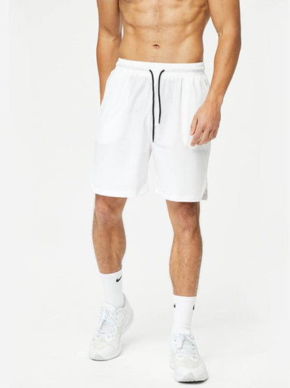 Men’s white breathable quick-drying running shorts, elastic waistband, casual athletic style.